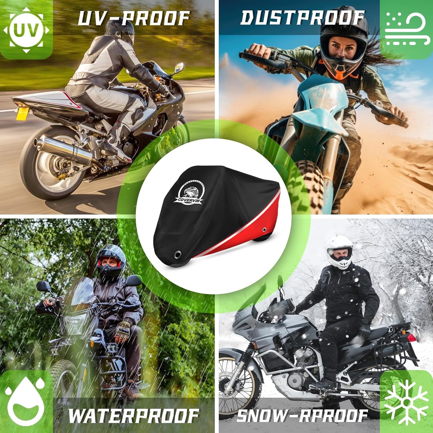 COVERVIN Motorcycle Cover, All Weather Outdoor Waterproof Night Protection with Reflective Strips, Locking Holes and Storage Bag for 91 Inch Suzuki, Kawasaki, Honda, Harley-Davidson(Red L)