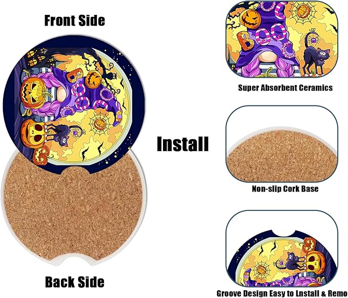 Car Cup Holder Coaster - Halloween Pumpkin Gnomes Absorbent Ceramic Coaster, Car Coasters for Cup Holders, Auto Accessories for Women & Men, Pack of 2