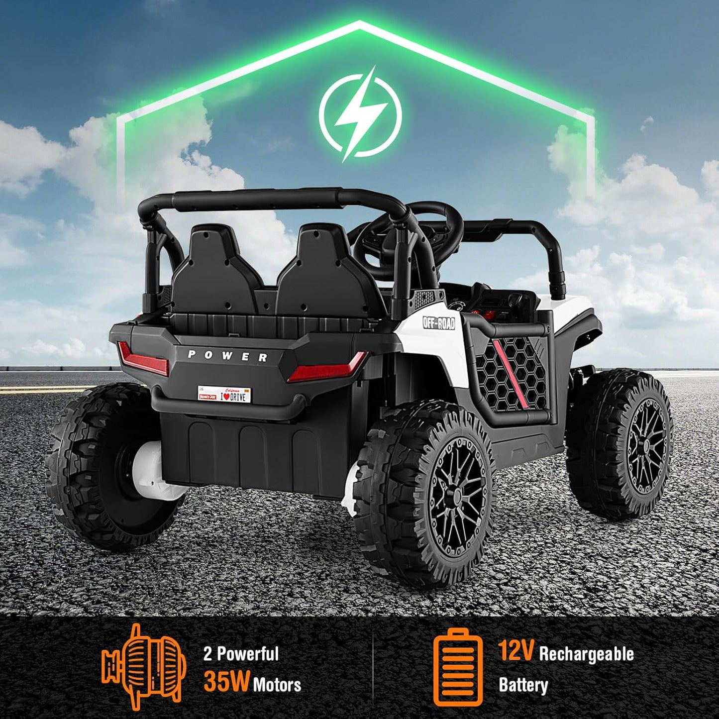 Costzon Kids UTV, 12V Battery Powered Electric Off-Road Car w/Remote Control, Sounds, Wireless Connection, 3 Speeds & 4-Wheel Suspension, Kids Ride on Truck, Gift for Boys & Girls 3+ Years Old (White)