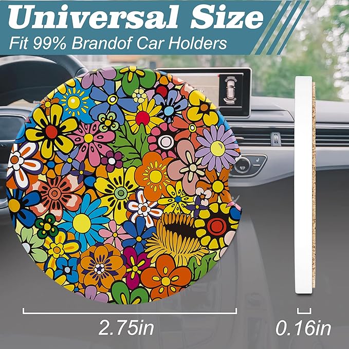 Bright Colorful Flowers Car Cup Holder Coaster, Car Coasters for Cup Holder, 2 Pack Vivid Spring Floral Anti-Slip Absorbent Ceramic Car Cup Coasters with Finger Notch Cork Base for Women Men 2.56"