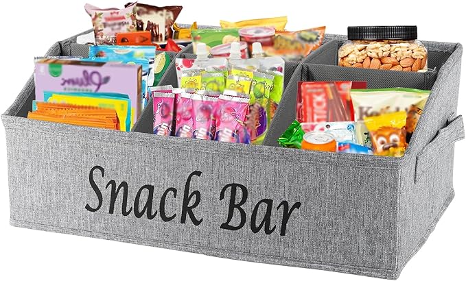 Snack Organizer for Countertop, Trapezoid Fabric Snack Bin Holder with Side Handles, 6 Compartment Snack Basket Container, Lightweight Snack Bar Station Organizer, Kitchen Pantry Storage-Gray