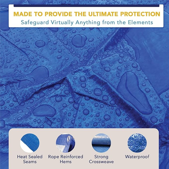 12' x 20' Waterproof Tarp, Medium Duty Reversible Blue/Silver, Multipurpose Indoor and Outdoor Tarps for Tents, Wood Cover, Furniture, Car, Boat, Pool, Tear Resistant, Blue
