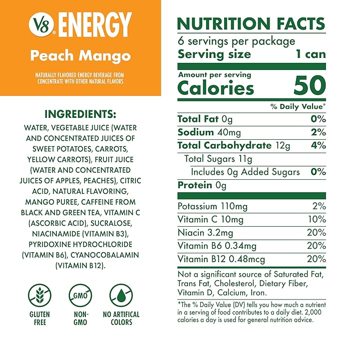 V8 Energy Peach Mango Energy Drink, 8 fl oz Can (24 Pack)