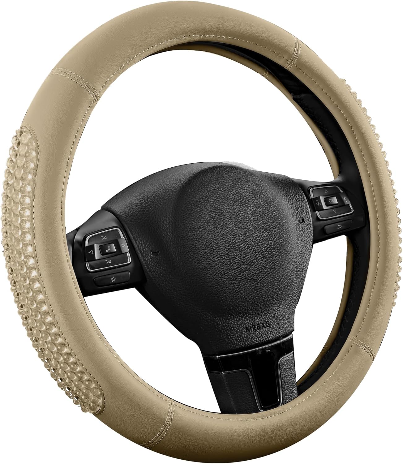 PIC AUTO Gel Particles Steering Wheel Cover, Beige Luxury Leather Car Steering Wheel Protector, Universal Fit 14.5"-15.5" Anti-Slip Car Interior Accessories for Girls & Women