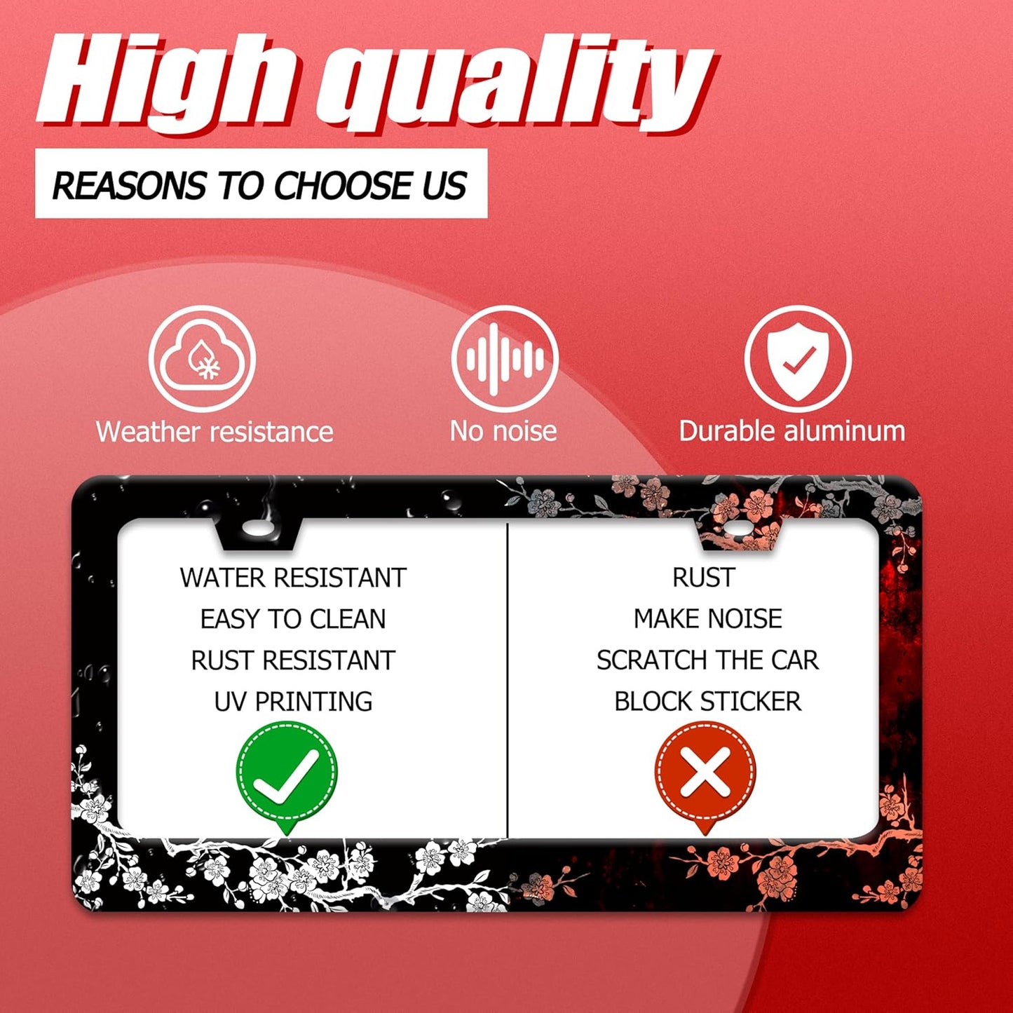 Cherry Blossoms License Plate Frame Beautiful Floral License Plate Frames for Car Decorative Parts Stainless Stee License Plate for Standard Us Canada Funny License Plate Holder 12x6 in for Men Women