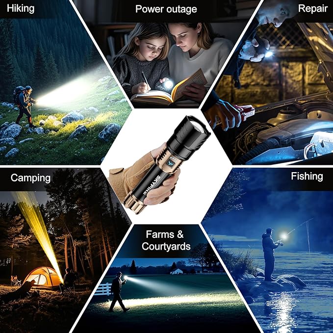 SKYFIRE Rechargeable Flashlights High Lumens with Ignition Lens&White Yellow Blue Light,10000mAh LED Super Bright Flashlight,Zoomable,4 Modes,Waterproof Tactical Flash Light for Outdoor,Home &Gift