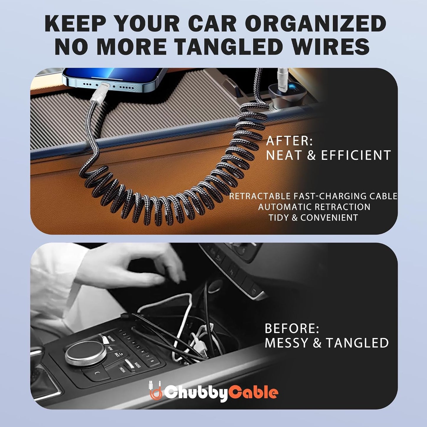 chubbycable Curly Chubby - Retractable Fast Charging Cable 240W Coiled Charger Cord for Car Durable USB-C Cable for Phones, Tablets and More, Black+Black, Type-C to Type-C, 1.3FT-2.3FT