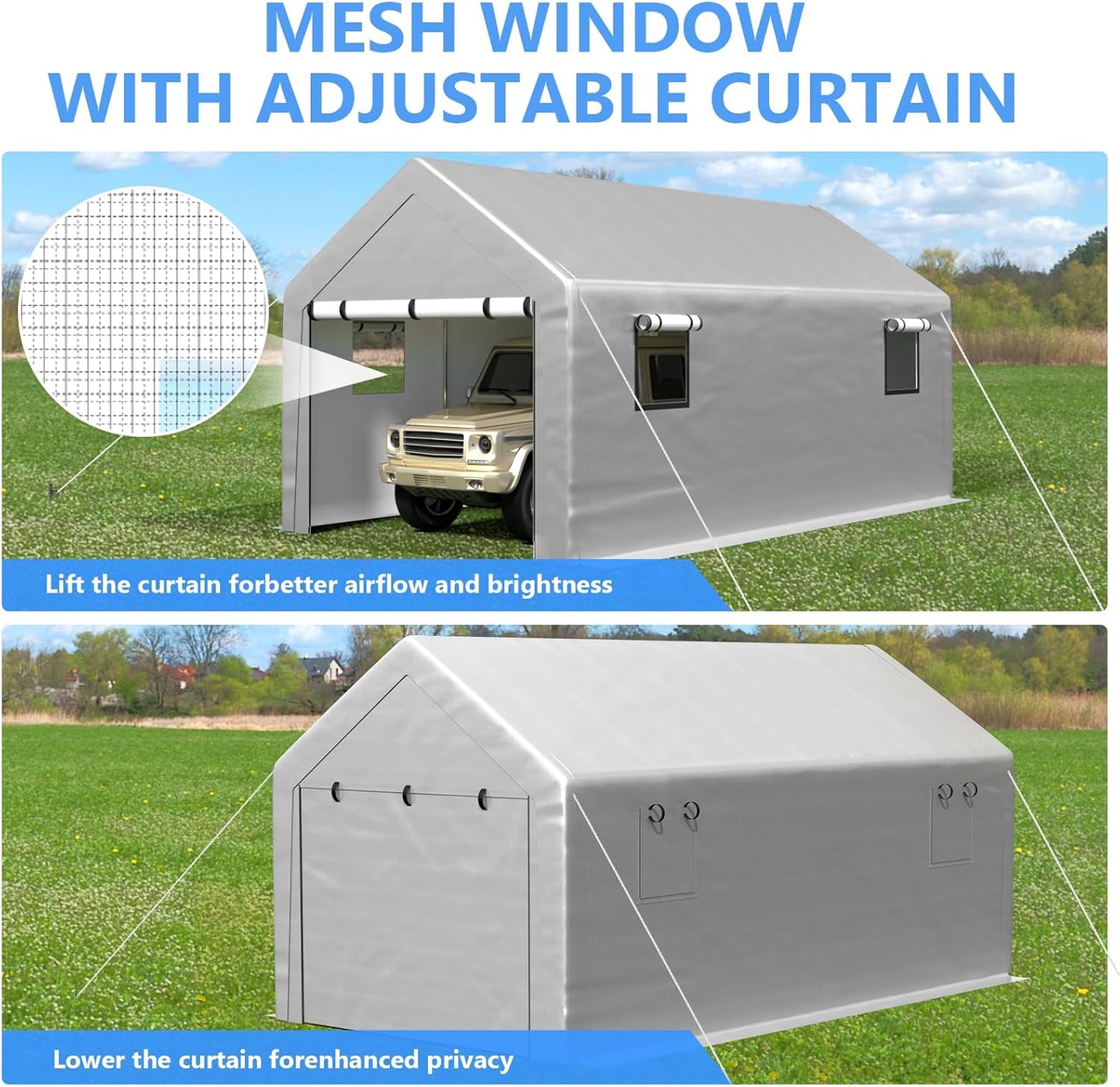 Carport 10x20 ft Heavy Duty with Roll-up Windows, Portable Garage with Removable Sidewalls & Doors, Car Canopy with Sandbags All-Season Tarp for Car Boat Truck Motorcycle