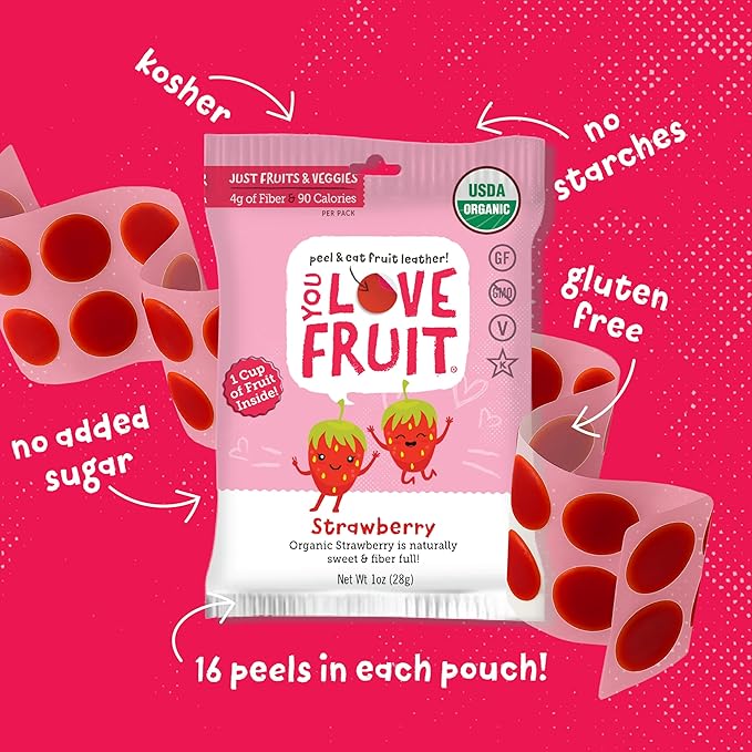 YOU LOVE FRUIT - STRAWBERRY All Natural Fruit Snacks, Healthy Snack Pack, Real Fruit! Gluten Free, Non GMO, Vegan, Fiber packed, Low Fat, Kosher, Variety Pack, Great For Adding To Gift Box, 1.0 oz (Pack of 12)