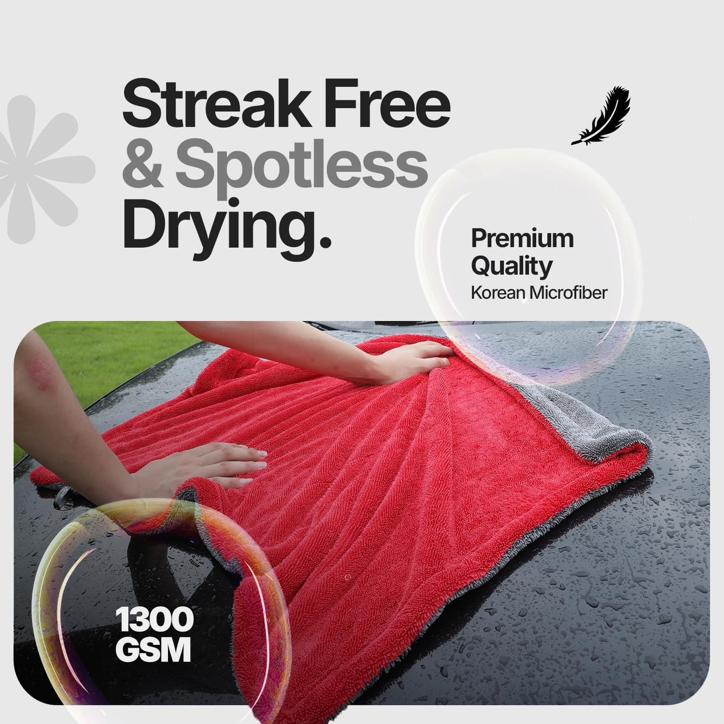 Microfiber Towels for Cars - 1300GSM X Large Size Double Twisted Loop 2pcs - 70/30 Blend Quick Dry High Absorbent Edgeless Streak Free - Car Drying Towel for Detailing 24x36″ & 12x12 (Grey+Red)