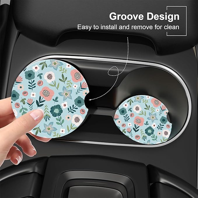 Vintage Floral Patterns Car Cup Holder Coaster, Car Coasters for Cup Holder, 2 Pack Cute Retro Flowers Anti-Slip Absorbent Ceramic Car Cup Coasters for Women Men with Finger Notch Cork Base 2.56"