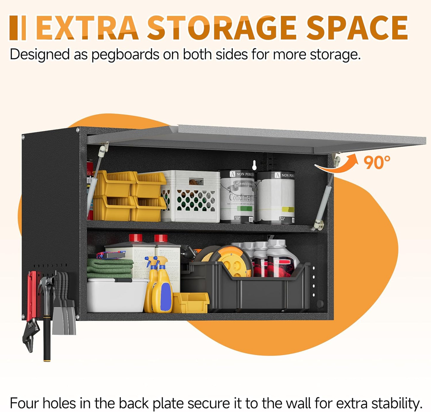 Metal Garage Wall Cabinet with Up-Flip Door, Float Tool Cabenit with Adjustable Shelf,Steel Wall-Mounted Storage Cabinet with Pegboard for Kitchen,Garage,Workshop,Warehouse(19.7"H,Black&Gray)