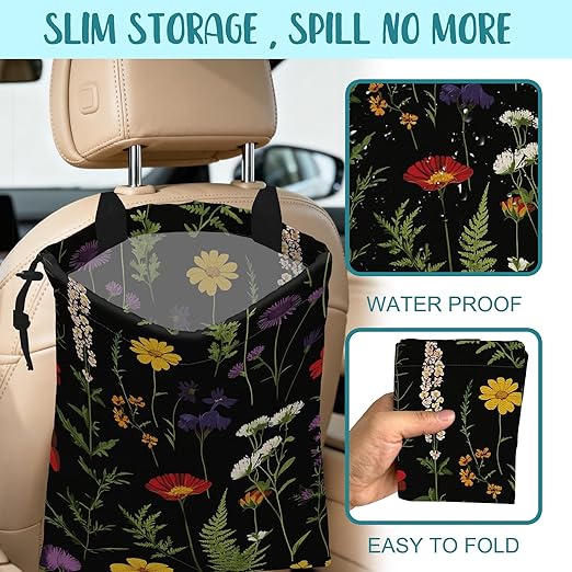 Car Garbage Bag Colorful Flowers and Green Fern Hanging Canvas Car Trash Bag Waterproof Drawstring Car Back Seat Organizer for Car Back Front Seat Console with Adjustable Buckle