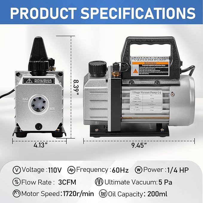 SUNROAD HVAC Air Vacuum Pump Set, 3 CFM 1/4HP A/C Refrigeration AC Manifold Gauge Kit for R410A R134a R12 R22 R502 Auto Air Conditioning Refrigeration Recharging