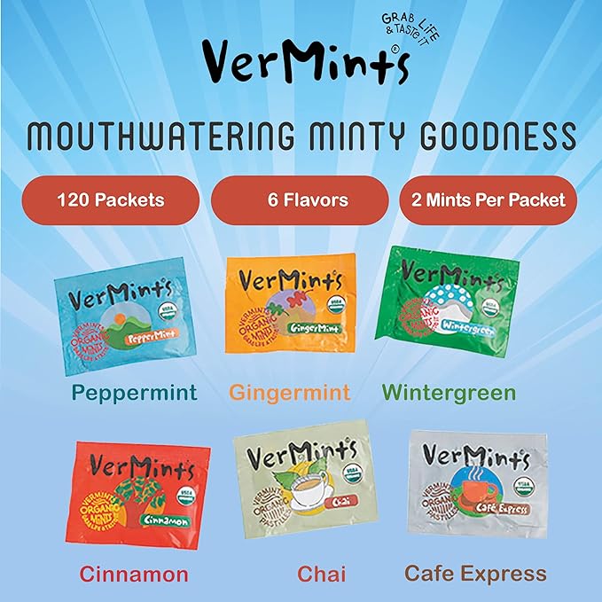 VerMints Organic Breath Mints – Travel Size Peppermints, Ginger Mints, Wintergreen, Cinnamon, Chai & Cafe Express Flavored Candy - Non-GMO, Gluten-Free, Vegan & Kosher Healthy Refresh - 120 Count