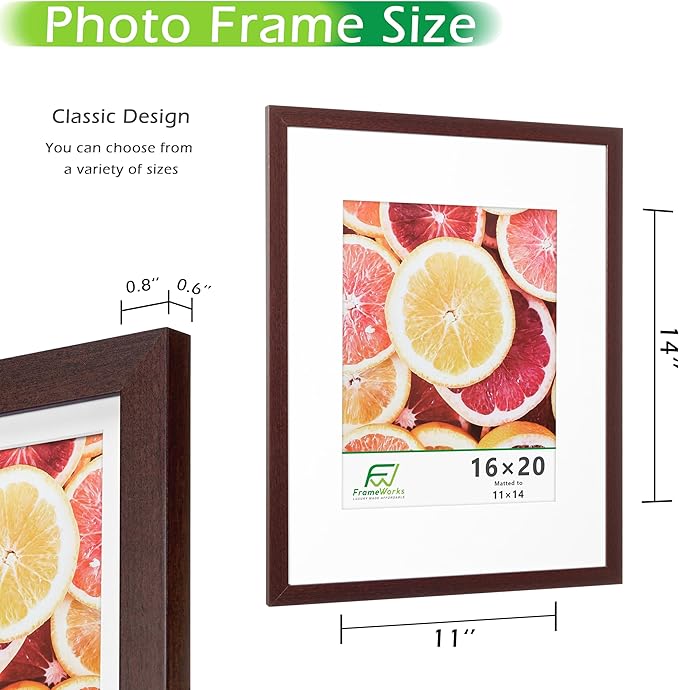 FrameWorks 2-Pack, 16x20 Matted to 11x14 Picture Frame, Mahogany ??Classic Wooden Photo Frame with Tempered Glass, Modern Matte Finish for Prints, Posters, Certificates & Wall Decor ??Gallery-Ready