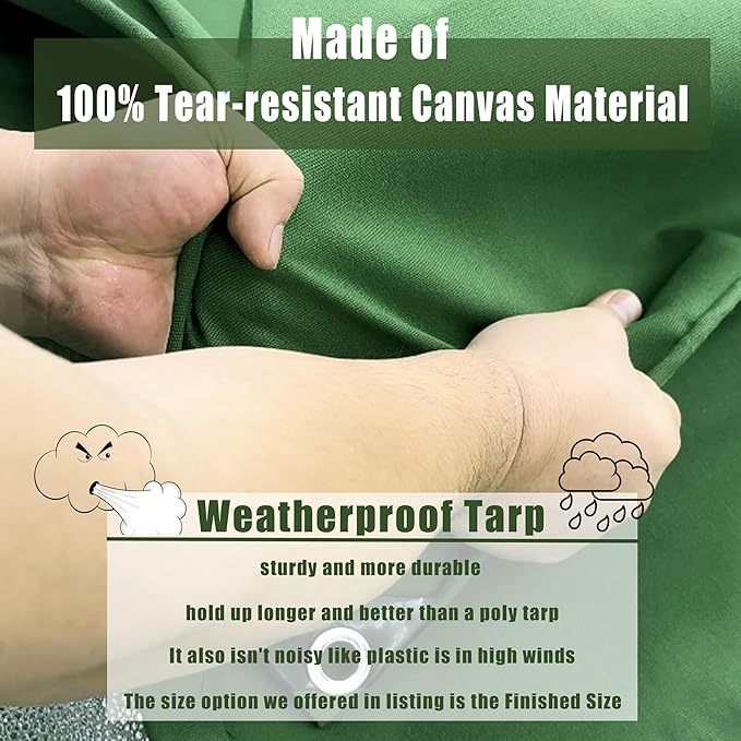 Extra Heavy Duty Canvas tarp 4x8 Feet 18oz Water-Resistant Small Canvas Tarp with Grommets，Tear Resistant, Durable, Multipurpose Protective Green Canvas Covering 32 Mil Thickness