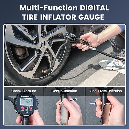 Digital Tire Pressure Gauge with Inflator: ENDARK 250 PSI Air Compressor Attachment Inflation Gun with Heavy Duty 360° Air Chuck & Extended Hose and Quick Connect Coupler with Carrying Case