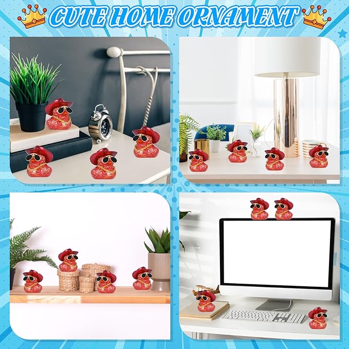 BOZILY Glitter Rubber Ducks Red Rubber Duck with Red Denim Cowboy Hat & Diamond Glasses - Stress Relieving Duck Car Accessories for Dashboard, Office, Home Decor - Unique Gifts for Adults