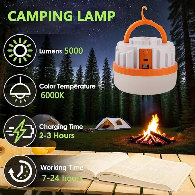 LED Camping Lantern,Scalable Foldable Camping Lamp with Digital Display Screen 5000 Lumens Rechargeable Emergency Light, 4500mAh Battery, White and Orange (Orange, 10W 4500mAh)