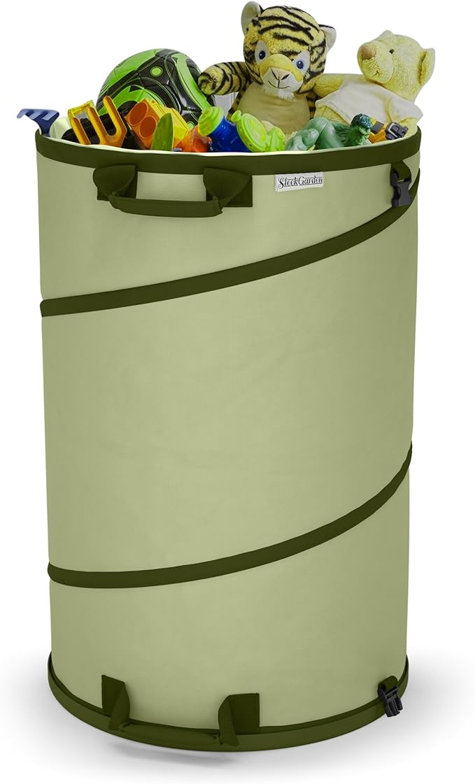 Collapsible -30 Gallon Canvas Garden Waste Bag -Pop-up Bucket Reusable Yard Leaf Bag Holder- Heavy Duty Hardshell Bottom ??with Drain Holes for Lawn Pool Garden Camping Trash Debris Bag with Handles