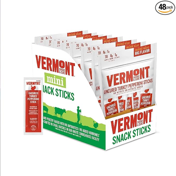 Vermont Smoke & Cure Meat Sticks - Uncured Turkey Pepperoni - Protein Snacks, No Antibiotics or Added Hormones, Hiking Snacks - 8-Count Pouch, Pack of 48