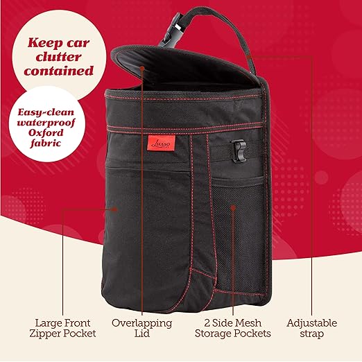 Lusso Gear Car Garbage Can - 2.5 Gal, Black Oxford - Leakproof & Waterproof Hanging Auto Trash Can with Removable Liner & Mesh Pockets - Boat Waste Container & Travel Organizer