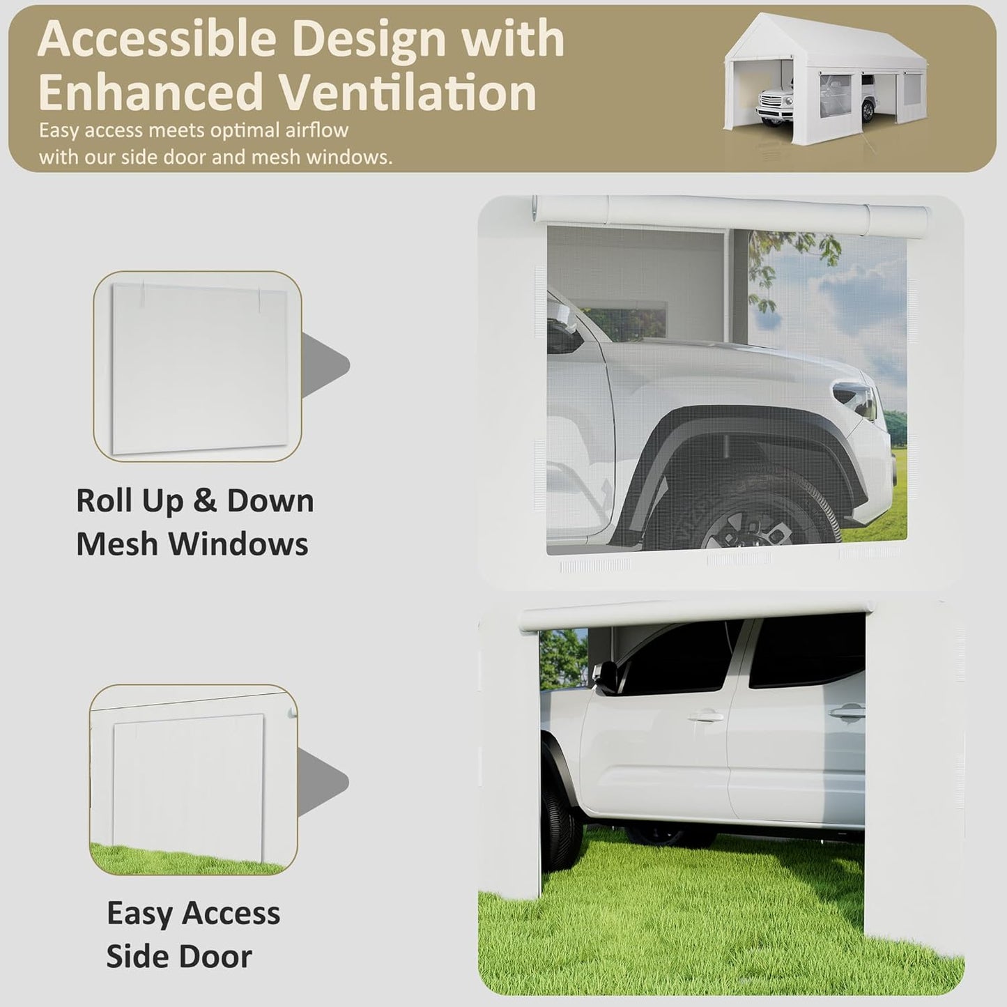 Carport 12' x 20' Heavy Duty Portable Garage, Carport Canopy with Side-Opening Door & Roll-Up Windows, Car Canopy Reinforced Four-Hole Base for Car, Truck, Boat, Party, White