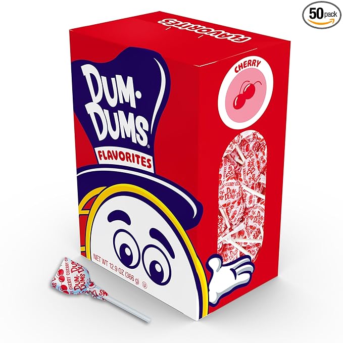 Dum Dums Cherry Lollipops - Bulk Candy Bag with Lollipops Individually Wrapped, Single Flavor Gourmet Suckers - 50 Count