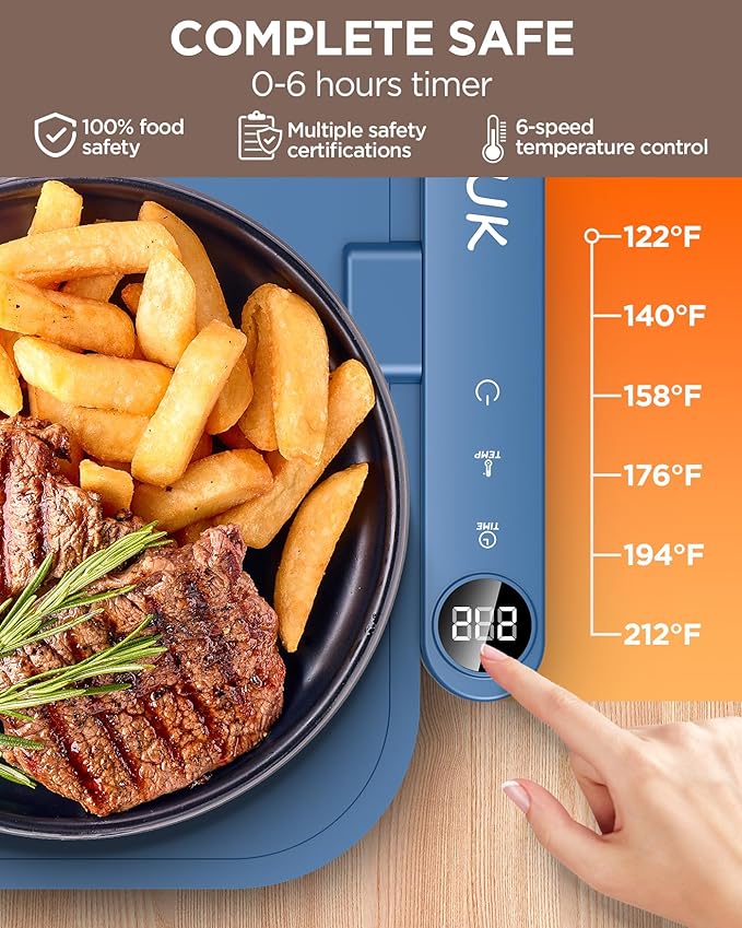 2025 Upgrade Electric Warming Tray,Food Warming Mat,Food Heating Mat for Countertop, 6 Temperature Modes, Auto Shut-Off,Removable, Washable,for Versatile Food Warmer for Parties (Blue)