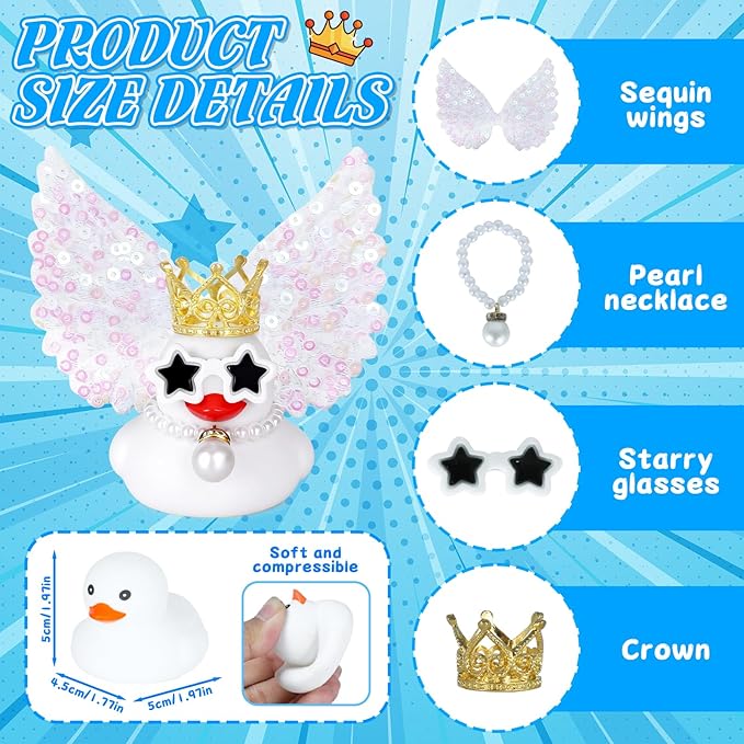 BOZILY White Rubber Ducks Angel Decor with Glitter Wings, Crown, Star Sunglasses & Pearl Necklace - Squeaky Dashboard Decoration for Car, Stress Relief Gift, DIY Fun Accessories