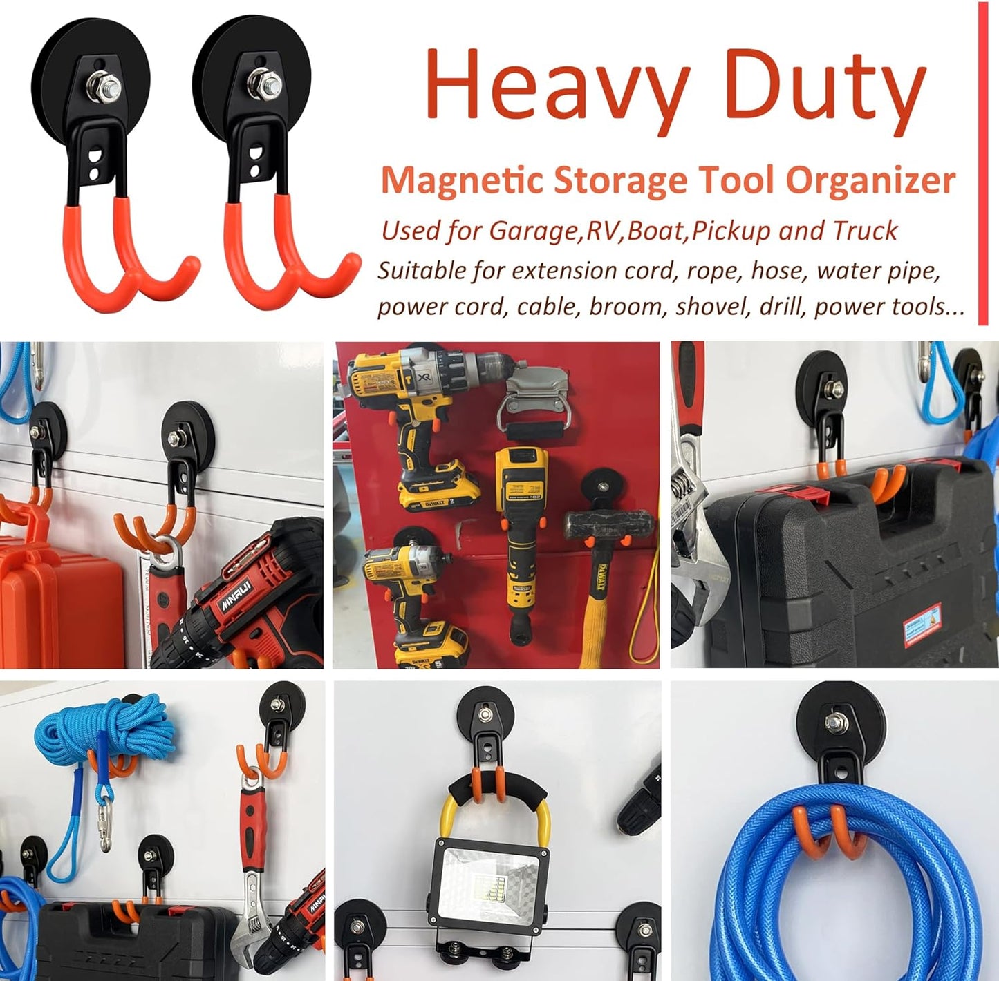 ULIBERMAGNET Garage Strong Magnetic Hooks, 4 Pack Heavy Duty Large J Hooks with Magnet, Anti-Slip Coating Magnet Hooks for Garden Tools, Ropes,Drill,Magnetic Double Hooks for Metal Cabinet,Pegboard