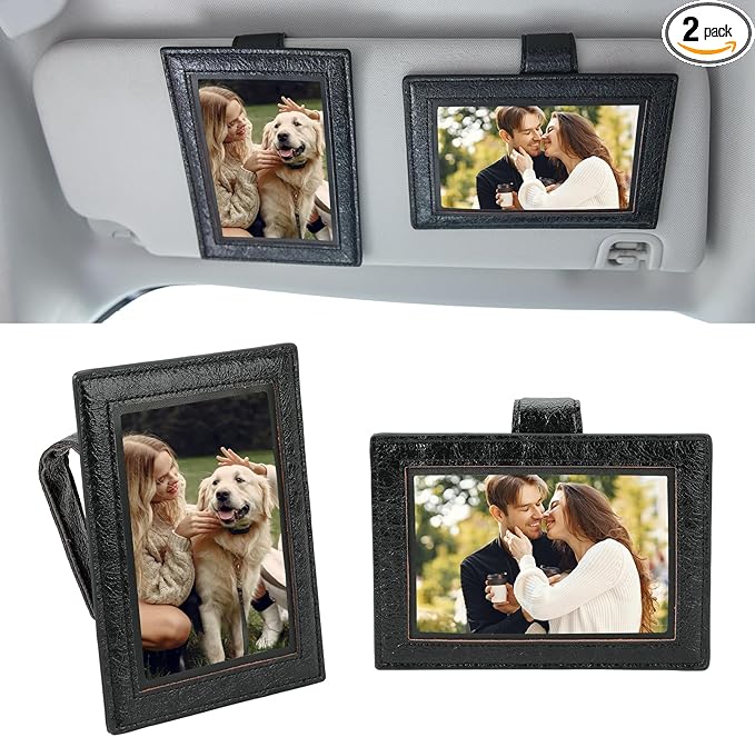 KINIVA 2 Pack Car Picture Holder - Magnetic Faux Leather Picture Frame for Safe Driving - Gift for Dad Mom Husband Wife Car Visor Accessories, Car Accessory (Fits 2.5"x3.5" Photos) (Black)