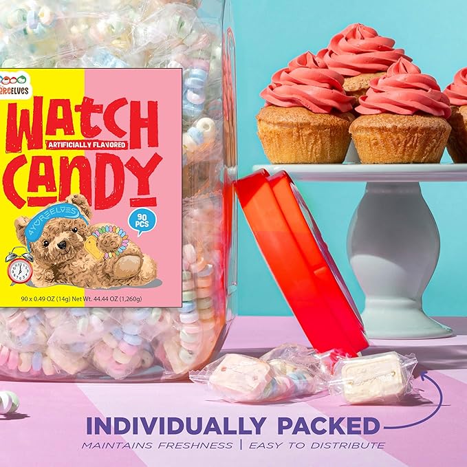 90 Candy Bracelet Watches Individually Wrapped, Taste Nostalgia with our Playful and Delicious Candy Jewelry, Perfect for Party Favors, Goody Bags and Birthdays, by 4YoreElves, Pack of 90 x 0.42oz