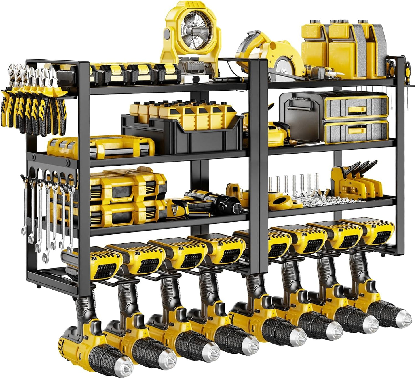 Large Power Tool Organizer Wall Mount, 8 Cordless Drill Holder, 4 Tier Metal Power Tool Shelf Battery Storage with 7 Hooks, Heavy Duty Utility Racks for Garage Workshop, Black