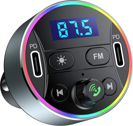 Dual PD 40W Type-C USB Car Charger Bluetooth Car Adapter Bluetooth 5.3 FM Transmitter for Car with Microphone & HiFi Sound MP3 Music Player Radio Audio Receiver Support Hands-Free Calling