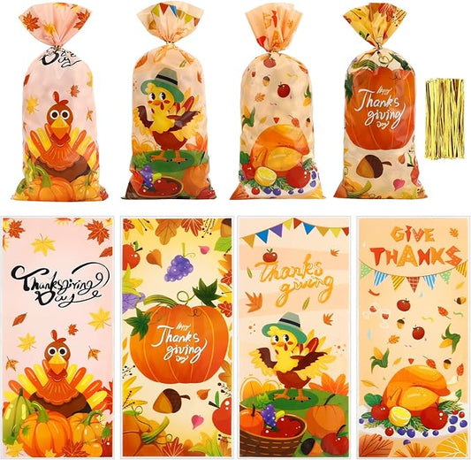 100 PCS Fall Treat Bags(5.1x10.6 Inch) with Ties Thankgiving Turkey Goodie Candy Gifts Bags Bulk Autumn Pouches for Thanksgiving Home Party Favors Supplies Decorations Friendsgiving Cellophane Bag