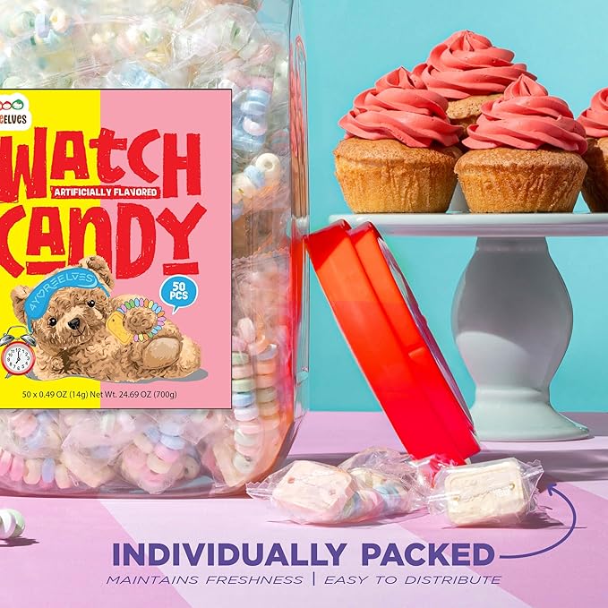 50 Candy Bracelet Watches Individually Wrapped, Taste Nostalgia with our Playful and Delicious Candy Jewelry, Perfect for Party Favors, Goody Bags and Birthdays, by 4YoreElves, Pack of 50 x 0.42oz