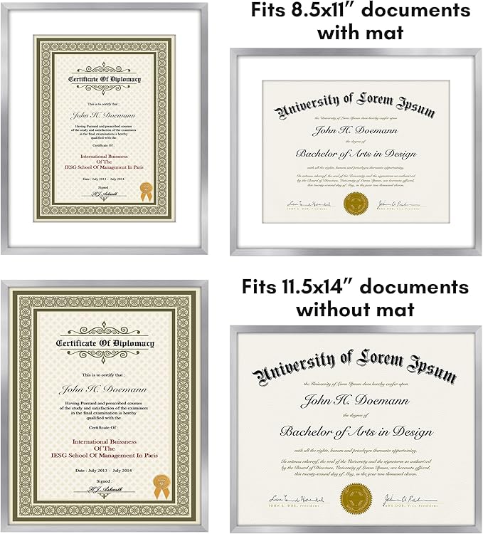 Americanflat 11.5x14 Diploma Frame with Shatter-Resistant Glass - Use as 8.5x11 Frame with Mat or Display 11.5x14 Document Without Mat - Legacy Collection - Certificate Frames for Wall - Silver