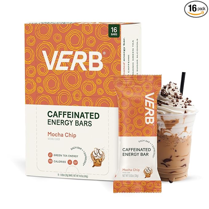 Verb Caffeinated Energy Bars Mocha Chip (26g, Pack of 16) 110-Calorie Delicious Low Sugar Energy Bar - Vegan Gluten Free On-the Go Snack with 80mg Green Tea Caffeine, Only Real-Food Ingredients