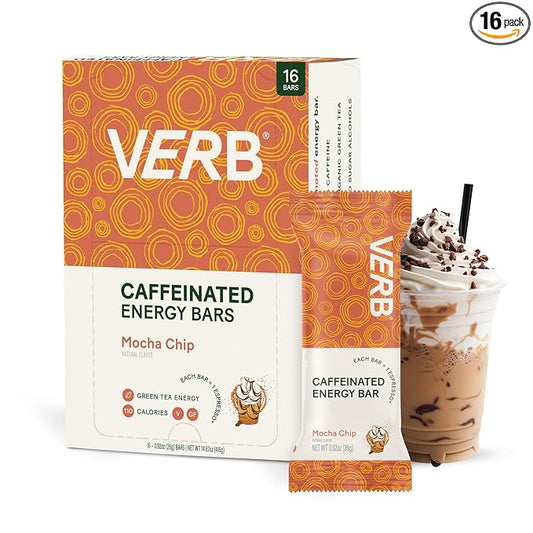 Verb Caffeinated Energy Bars Mocha Chip (26g, Pack of 16) 110-Calorie Delicious Low Sugar Energy Bar - Vegan Gluten Free On-the Go Snack with 80mg Green Tea Caffeine, Only Real-Food Ingredients