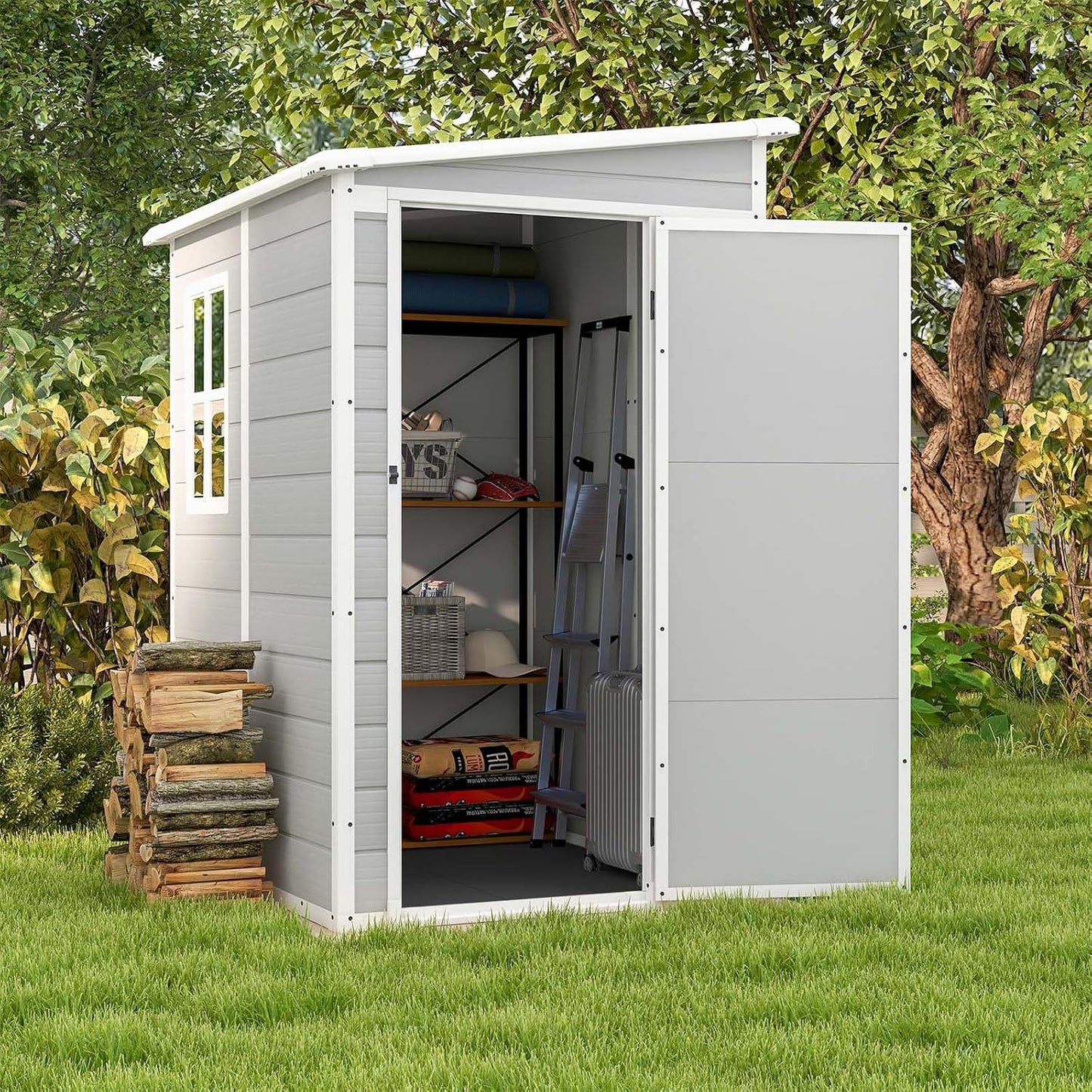 Patiowell 5x4 FT Outdoor Storage Shed, Resin Storage Shed with Floor & Lockable & Window Door for Patio Furniture, Garden Tools and Bicycle, White & Grey