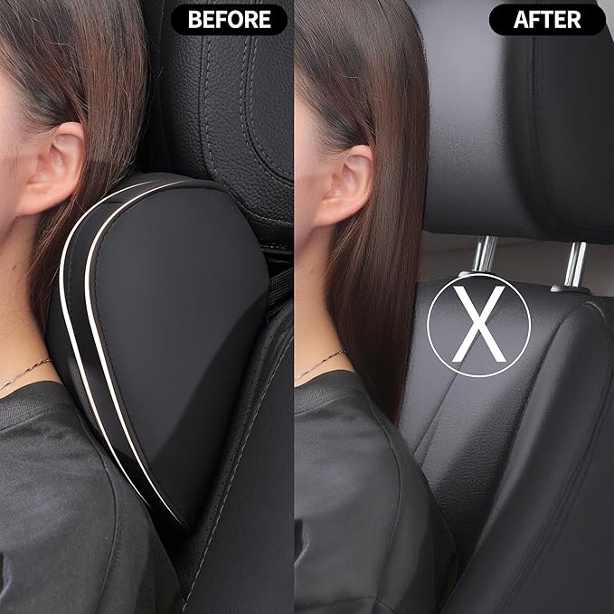 Car Headrest Pillow 100% Memory Foam, Breathable Removable Leather Cover, Premium Seat Support Head Neck Cushion for Driving Travel Home Office, Black, 1 Pack
