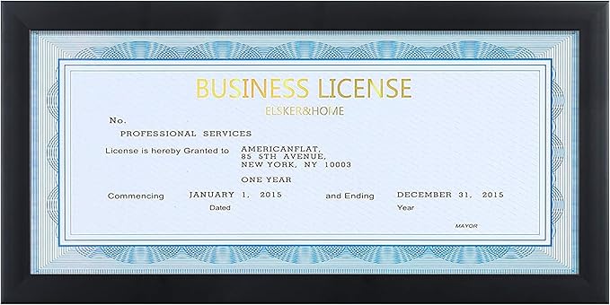 ELSKER&HOME 4x9 Business License Frame Black for 4 x 9 Standard Business Licence, Wall or Tabletop Display Panoramic Picture with No Mat (1 Pack)