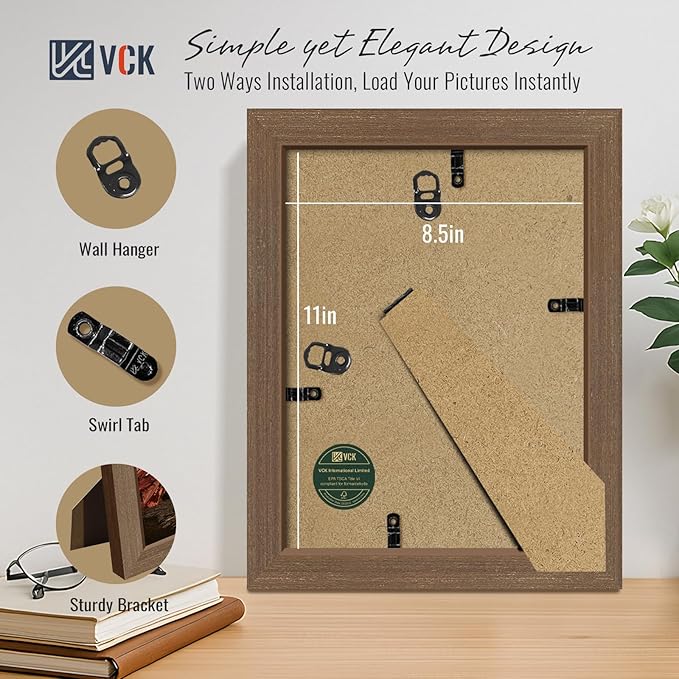 VCK 8.5x11 Brown Picture Frames 3 Pack, High-End Wood Wide Border Poster Frame,Tabletop & Wall Hanging, Multi-Directional Display Family Photos, Office Prints, Studio/Gallery/Home Artwork