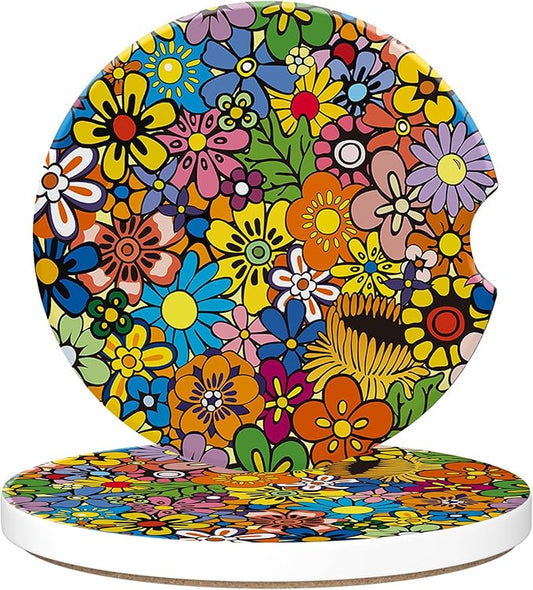 Bright Colorful Flowers Car Cup Holder Coaster, Car Coasters for Cup Holder, 2 Pack Vivid Spring Floral Anti-Slip Absorbent Ceramic Car Cup Coasters with Finger Notch Cork Base for Women Men 2.56"
