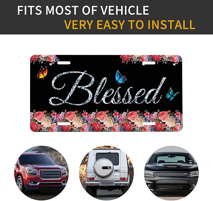 Front License Plate Blessed Glitter Floral Butterfly Vanity Plates Aluminum Metal Decorative Car Tag Novelty License Plate Cover for Men Women ‎6 * 12 in (4 Holes)