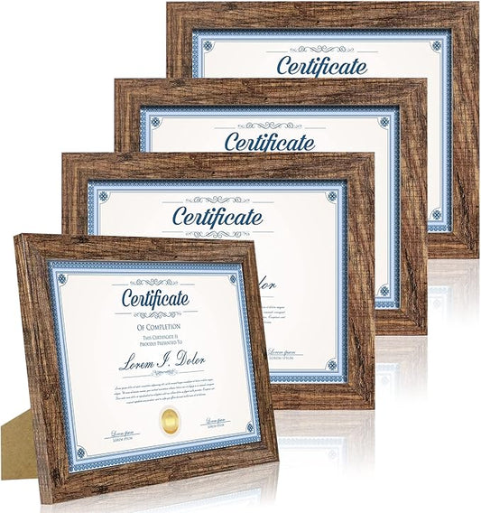 8.5 x 11 Picture Frame Set of 4, Made of Real Glass and Brown Certificate & Diploma Frame, 8.5 by 11 Photo for Wall or Tabletop - Display Picture 6x8 with Mat or 8.5x11 Without Mat