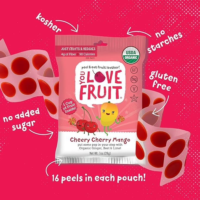 YOU LOVE FRUIT – CHEERY CHERRY MANGO All Natural Fruit Snacks, Healthy Snack Pack, Real Fruit! Gluten Free, Non GMO, Vegan, Fiber packed, Low Fat, Kosher, Variety Pack, Great For Adding To Gift Box, 1.0 oz (Pack of 12)