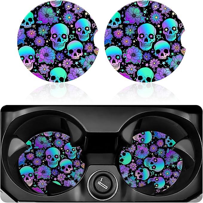 Skulls and Flowers Car Cup Holder Coaster, Car Coasters for Cup Holder, 2 Pack Bright Human Skulls Anti-Slip Absorbent Ceramic Car Cup Coasters for Women Men with Finger Notch Cork Base 2.56"